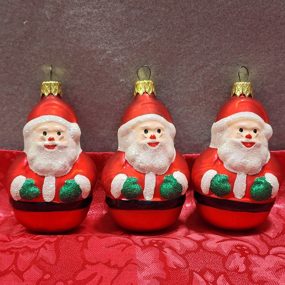 3pc Blown Glass Santa Claus Round Bottom Roly Poly Glitter Christmas Ornaments